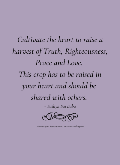 Cultivate the heart to raise a harvest of Truth, Righteousness, Peace and Love. This crop has to be raised in your heart and should be shared with others. ~ Sathya Sai Baba