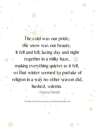The cold was our pride, the snow was our beauty. It fell and fell, lacing day and night together in a milky haze, making everything quieter as it fell, so that winter seemed to partake of religion in a way no other season did, hushed, solemn. ~ Patricia Hampl