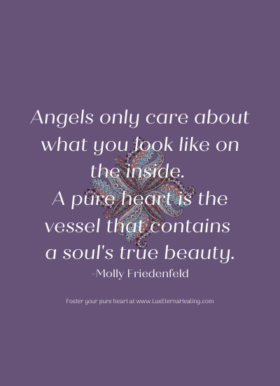 Angels only care about what you look like on the inside. A pure heart is the vessel that contains a soul's true beauty. -Molly Friedenfeld