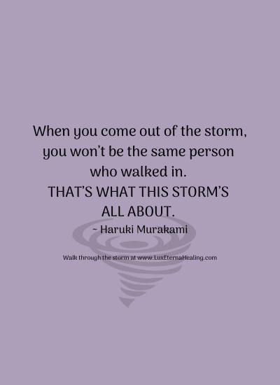 When you come out of the storm, you won’t be the same person who walked in. That’s what this storm’s all about. ~ Haruki Murakami
