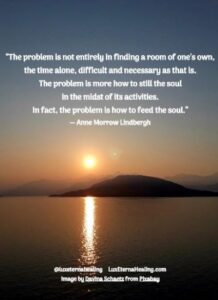 “The problem is not entirely in finding a room of one's own, the time alone, difficult and necessary as that is. The problem is more how to still the soul in the midst of its activities. In fact, the problem is how to feed the soul.” ― Anne Morrow Lindbergh