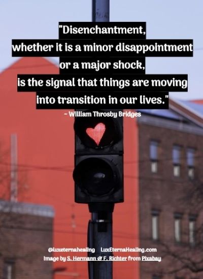 "Disenchantment, whether it is a minor disappointment or a major shock, is the signal that things are moving into transition in our lives." ~ William Throsby Bridges