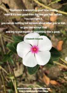 “Resilience is accepting your new reality, even if it's less good than the one you had before. You can fight it, you can do nothing but scream about what you've lost, or you can accept that and try to put together something that's good.” ― Elizabeth Edwards