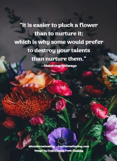 “It is easier to pluck a flower than to nurture it; which is why some would prefer to destroy your talents than nurture them.” --Matshona Dhliwayo