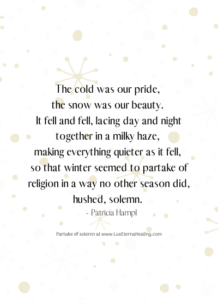 The cold was our pride, the snow was our beauty. It fell and fell, lacing day and night together in a milky haze, making everything quieter as it fell, so that winter seemed to partake of religion in a way no other season did, hushed, solemn. ~ Patricia Hampl