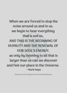 When we are forced to stop the noise around us and in us, we begin to hear everything that is not us, and this is the beginning of humility and the renewal of our soul's energy; as only by listening to all that is larger than us can we discover and feel our place in the Universe. ~ Mark Nepo