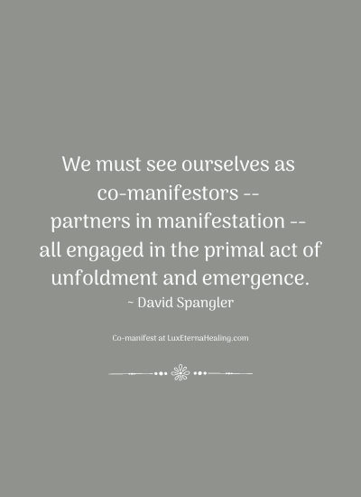 We must see ourselves as co-manifestors -- partners in manifestation -- all engaged in the primal act of unfoldment and emergence. ~ David Spangler